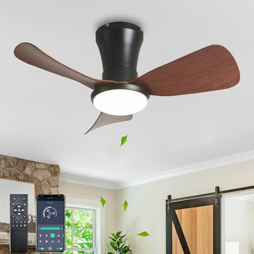 QINGYING 69cm Small Ceiling Fan with Light and Remote Control, LED Dimmable Silent Light Fixtures, Reversible 6 Speed Fan Light Ceiling for Bedroom Lounge-Black+Wood Color