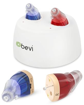 Bevi Hearing aid for Seniors: Rechargeable Amplifiers with Noise Cancelling, Nearly Invisible CIC Hearing Aids, Charging Case, Volume Control, 1 Pair, Red Blue
