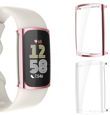 KIKISML 2 PCS Screen Protectors Compatible with Fitbit Charge 6 / Charge 5, Full Protective Ultra Slim Soft TPU Case Cover Compatible with Fitbit Charge 6 / Charge 5 (Clear, Rose Pink)