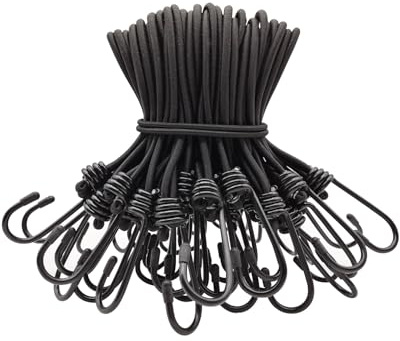 BINCKIN Cordoncini elastici corti con ganci, 20 cm, 50 pezzi, corda elastica con gancio, resistente, con ganci, ganci per teloni, per campeggio, tende, fissaggi (nero)