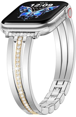 V.R.HOPE Metallarmband Kompatibel mit Apple Watch 40mm 41mm 42mm 38mm Damen | Ideal zu Gold- & Silberschmuck. Elegantes Edelstahl-Armband mit Glitzer & Strass für iWatch SE Series 11/10/9/8/7/6/5/4/3