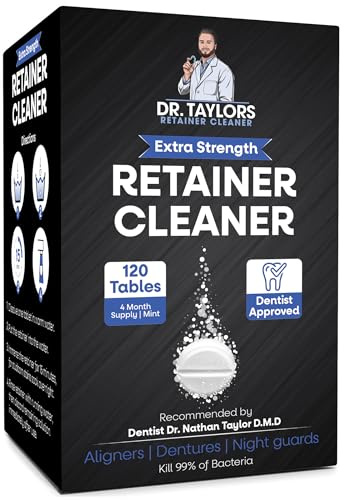 Dr. Taylor’s Denture and Retainer Cleaner Tablets (120 count) Effectively Removes Stains, Plaque, and Odor - Sports guards, Night Guards, Clear Aligners & Dentures Refreshing Mint Flavor