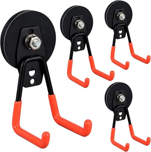ULIBERMAGNET Heavy Duty Magnetic Garage Hooks 4 Pack Strong Large Magnetic Hooks for Drill Hose Garage Workshop Magnetic Storage Hooks for Indoor Outdoor Orange
