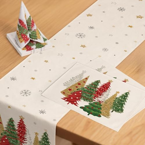 ZWJD Weihnachts Tischdeko Set 1x Tischläufer 40x100 cm, 2x Platzsets & 1x Packung Papierservietten (20 Stück) Beige mit Weihnachtsbaum & Schneeflocken Festliche Deko für Winter, Esszimmer & Wohnzimmer
