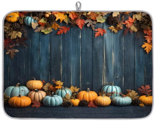 Autumn Wood Pumpkin Maple Absorbent Dish Drying Mat for Kitchen Counter, Reversible Microfiber Dish Drying Pad with Hanging Loop for Glassware Utensils Pots 18x24 in