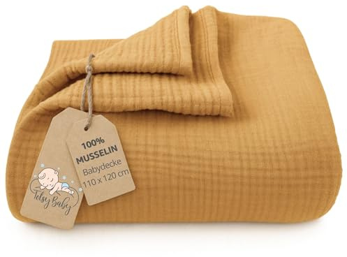 Totsy Baby Coperta mussola neonato cotone 110 x 120 cm - Plaid garza coccola teli muslin lenzuolo bambino sottile fasciatoio trapunta leggera neonati tessuto traspirante per bimbi Giallo