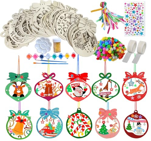 JINGTOPS 168 Piezas Manualidades Navidad Para Niños, Adornos Arbol Navidad Madera, Bolas de Navidad Para Pintar, Adornos Navidad con Figuras Navideñas De Madera, Pompones, Hilo Decorativo, Pedrería