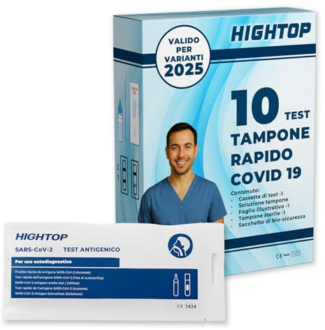 Tampone Rapido COVID-19 HIGHTOP (10 Test) – Autodiagnostico nasale – CE 1434 – Risultati in 15 min, Sensibilità 98%, Specificità 100% – Con tampone, cassette, buffer