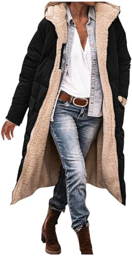 Womens Long Quilted Coats - Fleece Lined, Reversible, with Hood, Down Jackets, Turtleneck Neck, Zipper Closure, Knee Length, Plus Size Longline Duster Trench Coats for Winter Warm, Black, L