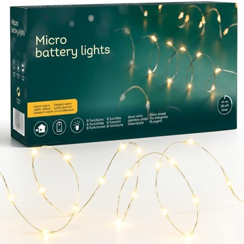 MIJOMA Micro LED Drahtlichterkette warmweiß - 8 Funktionen mit Twinkle Effekt, Timer, Batteriebetrieb, Silberdraht, IP44 - für Innen & Außen, stimmungsvolle Weihnachtsbeleuchtung (495 cm - 100 LEDs)