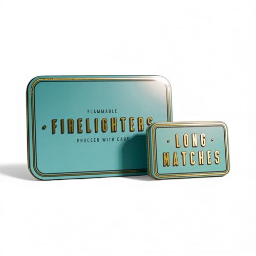 TINIT Firelighter and Match Tin Set - Storage Accessory Metal Tin Natural Woodburner Fire Stove Fireplace Fireside Mens Gift Present BBQ Matches Unique Gift Housewarming (Gold on Teal)