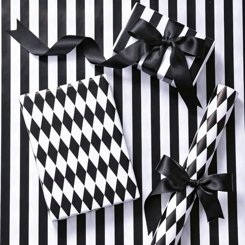 RUSPEPA Mini-Wende-Geschenkpapier – Schwarz-weiße Streifen/Rautenmuster, 43,2 cm x 5 m – Ideal für Geburtstag, Hochzeit, Abschlussfeier, Weihnachten, Vatertag, Neujahr