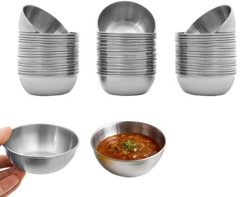 Mqwdxzfes 50 stycken rostfritt stål 304 såser, mini dip-skålar, såskoppar små kryddskålar, stapelbara såsskålar, dippbägare skålar för sås sushi catering, 8,3 cm (silver)
