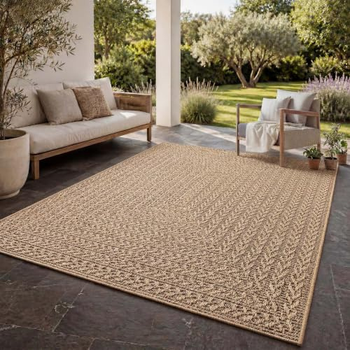 Taracarpet In- & Outdoor Teppich Wohnzimmer im Boho Jute-Look wetterfest für Balkon, Terrasse, Wintergarten, Schlafzimmer, Küche - Strapazierfähig & Robust und Pflegeleicht beige 3 200x280 cm