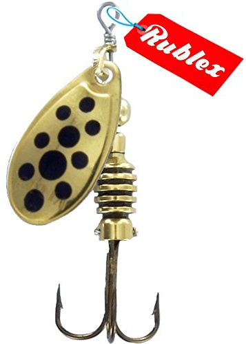 Rublex - Pack de 5 Cucharillas de Pesca Celta-2 OPN | Cebo Artificial de Pesca con Sistema Quita-Vueltas y Anzuelo Fácilmente Intercambiable, Color Oro Puntos Negros, 3'5gr