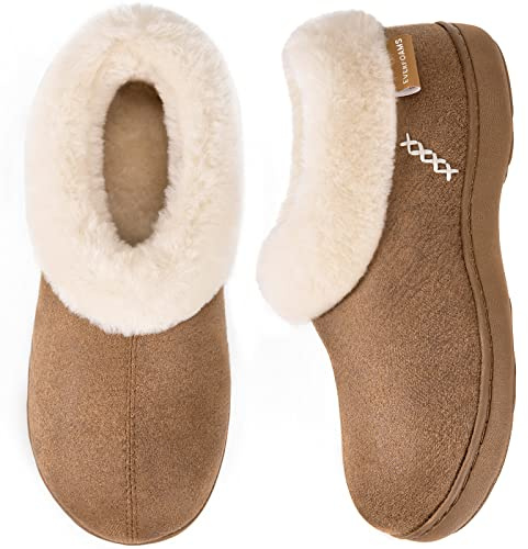 EverFoams Women's Fuzzy Plush Lined Slippers Cozy Memory Foam | thick faux leather upper,rubber outsole,indoor and outdoor,70D high density memory foam and additional EVA foam