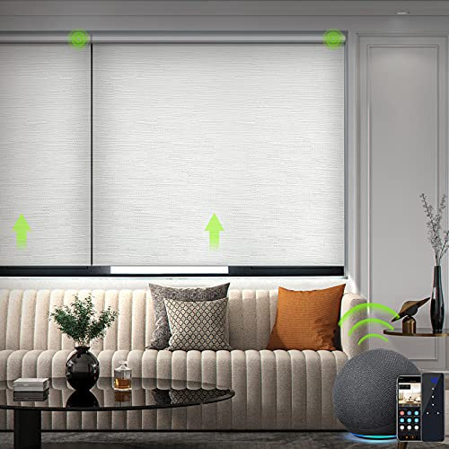 Yoolax Jacquard Elektrisches Rollo Alexa Smart Rolladen mit Akkumotor und Fernbedienung 100% Verdunkelung nach maß für Home Office, Schnurlos(Jacquard Weiß)