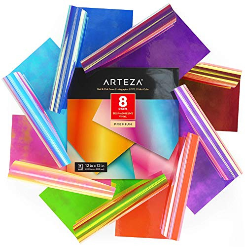 ARTEZA Hologramm Plotterfolie selbstklebend, 30.48 x 30.48 cm, 8er-Set Vinylfolie, mehrfarbige Opal-Bastelblätter in Blau und Grün, leicht zu schneiden, Vinyl Klebefolie für Innen- und Außen