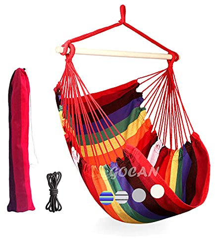 GOCAN Hängematte Stuhl Große Hängematte Schaukel, 110 x 150cm Last 150kg, Baumwolle Hängematte Stuhl Stahl Spread Bar Breiter Sitz Schaukel Stuhl (Regenbogen)