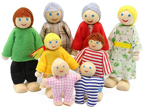PUCKWAY Lovely Happy Dollhouse Dolls Family Set of 8 Wooden Figures for Children House Pretend Gift