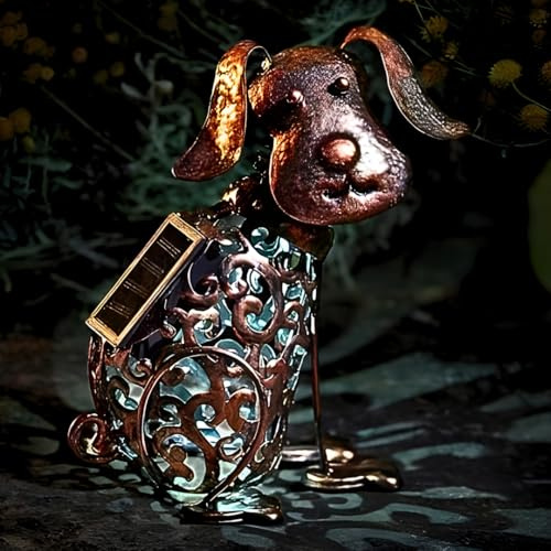Garden mile Large Solar Dog Outdoor Ornament - 22cm Waterproof Metal Dog Statue with Timer & Colour Changing LED Lights - Solar Garden Light for Patio Lighting, Outdoor Ornament & Gardening Gifts