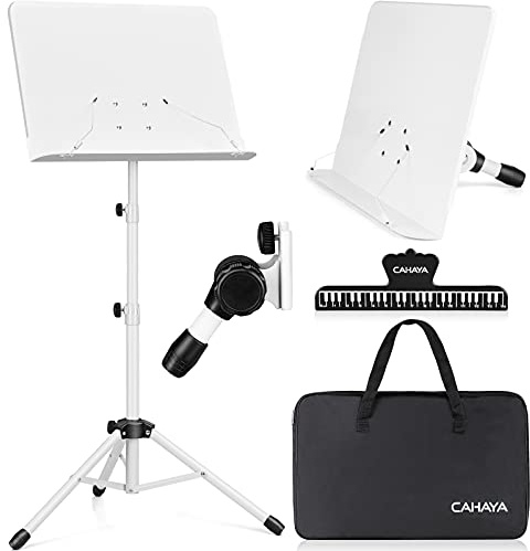 CAHAYA Sheet Music Stand Metal Portable with Carrying Bag, Sheet Music Clip, Projector Stand, Portable Podium Stand, Laptop Stand White, CY0194-2