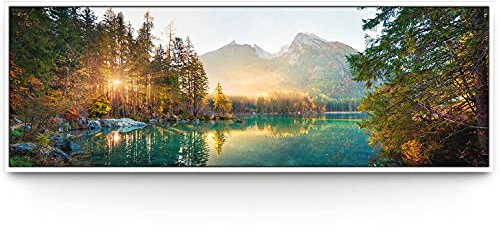 BilderKing Wandbild Wasserfall Hintersee Bayern - 150cm x 50cm Leinwand auf 2cm Keilrahmen mit Schattenfugenrahmen weiß