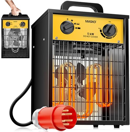 MASKO® Elektroheizer Heizlüfter Bauheizer Keramik Heizstrahler elektrisch Heizgerät mit Thermostat Elektroheizer mit 3 Heizstufen, Heizgebläse für Innen- und Außeneinsatz (Gelb, 5 KW - Eckig)