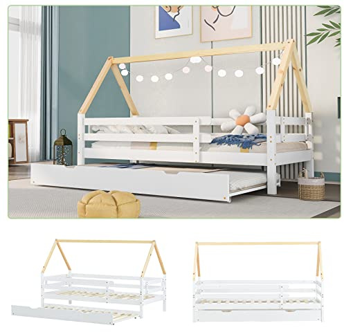 KecDuey Baumhausbett, Tagesbett, Einzelbett, Kinderbett, Ausziehbett, Schiebebett mit Rollen unten, Massivholz, weißes Bett, naturfarbener Dachstuhl