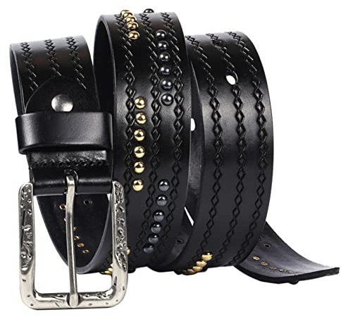 Nietengürtel, Gold&Silber Perlen Nietengürtel für Männer Frauen Punk Rock Style Top 100% Rindsleder Accessoires für Jeans Hosen, 38mm breit,Schwarz,105cm/waist:34~36