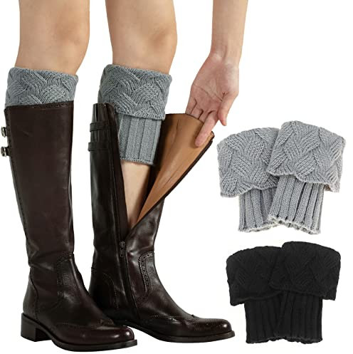 XEPST 2 Paar Winter Stulpen Damen Gestrickte Beinwärmer, Stricken Häkelarbeit Kurze Leg Warmers Mädchen Stiefel Boot Abdeckung für Winterwärmer - Schwarz, Grau