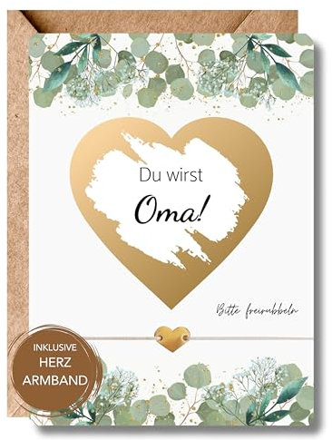 LeniSch Du wirst Oma Rubbelkarte mit Herz Armband 18K Gold | Schwangerschaft verkünden an Großmutter | Rubbellos Karte Geschenkidee