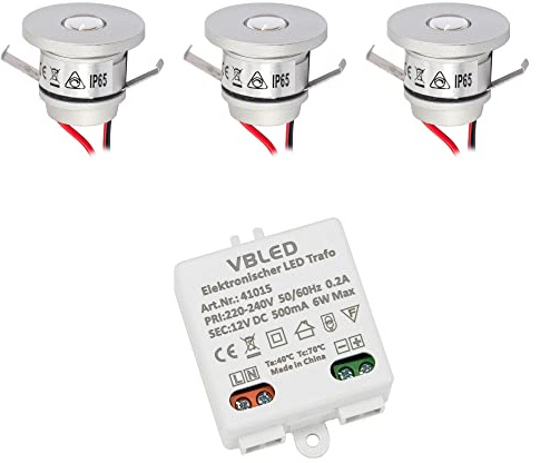 VBLED 3er Set 1W Mini-Einbauspot, deckenstrahler deckenleuchte Mini Spot IP65 Warmweiss Inkl. 6W LED Trafo 12V DC, IP20 (Erweiterbar bis zu 5 LEDs)