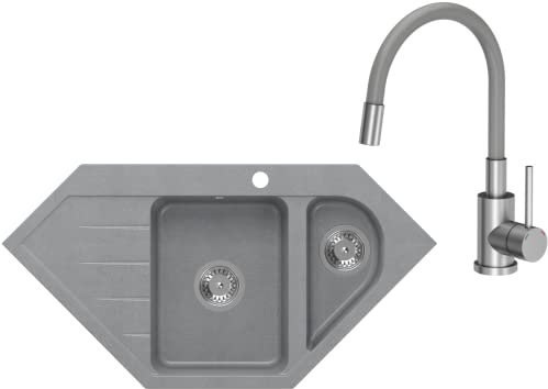 VBChome Eckspülbecken mit Armatur 95x49 cm Grau Granit 1,5 Becken 1,5 Abtropffläche Küche Einbauspüle Küchenspüle Gesprenkelt Spülbecken Siphon Armatur
