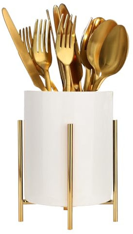 Soporte para utensilios de cocina de cerámica, con un marco de metal fijo, organizador de utensilios de cocina, cesta de cubiertos para organizar cajones y encimeras para todas las cocinas