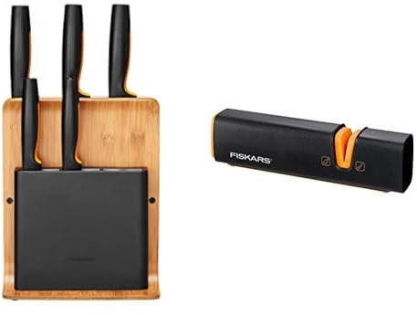 Fiskars Bambus Design-Messerblock mit 5 Messern & Messerschärfer für scharfe Messerklingen aus Stahl, Keramikschleifstein, Edge, Roll-Sharp, Schwarz/Orange, 1003098