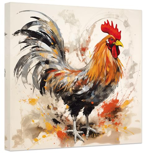 ZXHYWYM Küche Hahn Leinwand Bilder Bauernhof Huhn Bilder Drucke Land Vintage Tier Kunstwerk Bauernhaus Dekor Gerahmt (Bild-1, (40.00 x 40.00 cms))