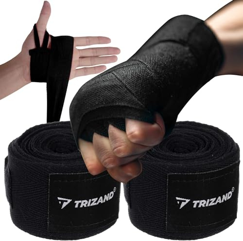 TRIZAND Boxhandbandagen mit Daumenschlaufe & Klettverschluss für Stabilität & Sicherheit Innenhandschuhe Wickelbänder 2x4m Baumwolle Schwarz 23015