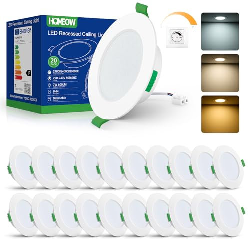 HOMEOW Set di 20 Faretti LED da Incasso per Cartongesso Dimmerabili, 7W 600LM Faretti LED Soffitto 2700K Caldo 4000K Neutro 6000K Freddo Regolabili, IP44 Luci da Incasso per Bagno Cucina, AC 220-240V