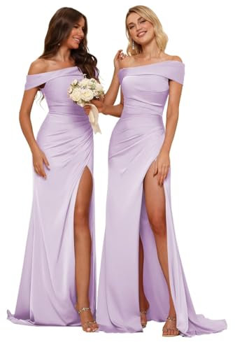 WSEYU Robe de demoiselle d'honneur sirène en satin pour femme avec épaules dénudées et traîne fendue, lilas, 36