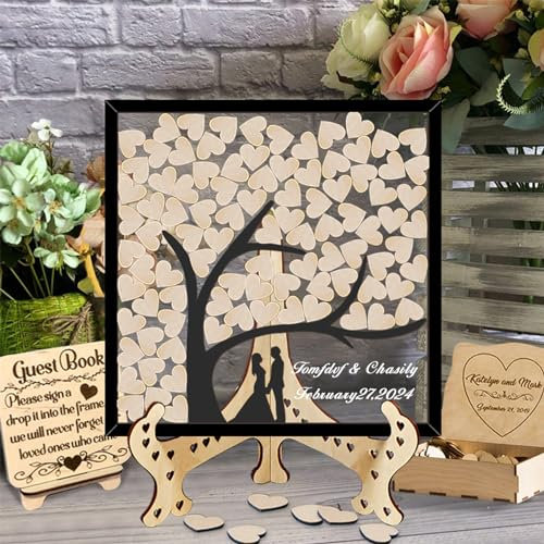 GGUIUIC Personalisiertes Lebensbaum-Hochzeits-Gästebuch Alternative Stammbaum-Holz-Gästebuch-Ideen Holzherzen für Hochzeits-Gästebuch-Schild Hochzeitsherz-Gästebuch-Drop-Box