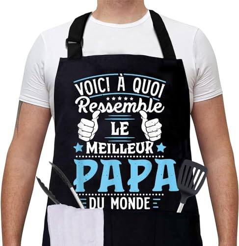 Gkmamrg Regalo Fete des Peres Delantal Cocina - Regalo Papa - Delantal Ajustable Chef Delantal para Cocina, Barbacoa, Jardinería Restaurante, Barbacoa, Café Regalo Pere, Negro , 80 cm * 60 cm