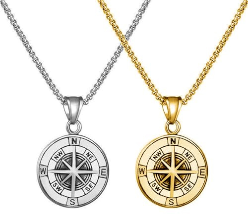 Kawailay 2 st kompass halsband navigatorhalsband gotisk punk biker rock hip hop hänge halsband för män kvinnor - guld och silver