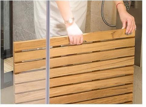 Badematte Duschmatte Badezimmerteppich Kleine Teak-Badematte klein für Wohnmobil-Dusche 12 14 16 18 20 Zoll, quadratische Boden-Holz-Duschmatte rutschfest, Badezimmer-Wannenmatten mit Abflussloch(18x2