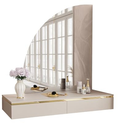 lukmebel - Schminktisch mit Spiegel - Schminkspiegel mit Beleuchtung und Schubladen - Konsolentisch Schmal Hängend - Make Up Tisch Frisiertisch Kosmetiktisch Matt Kaschmir Gold - Aurora-SQ