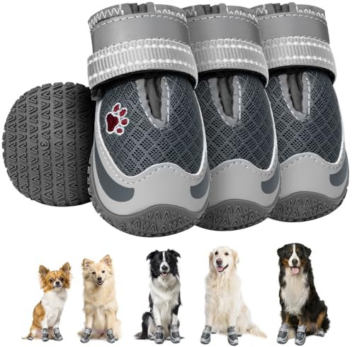 Eyein 4 Stück Hundeschuhe, Masche Atmungsaktiv Hundeschuhe Pfotenschutz mit Rutschfester Sohle für heiße Sommerböden, Reflektierende Hundeschuhe für nächtliche Spaziergänge im Freien, Grau, Größe 2