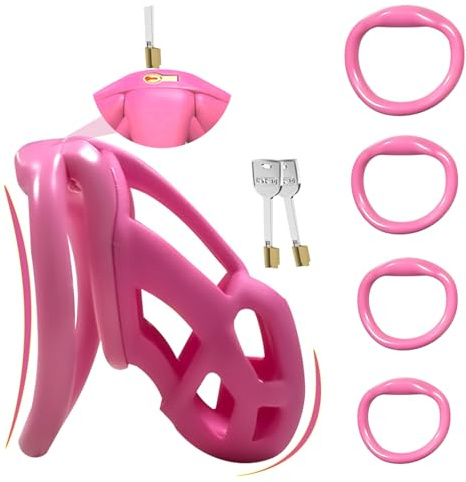 7.0 Peniskäfig,3D Chastity Cage Male Cock Cage,mit Mini Schloss & 4 Arc Hodenringe Penisring,Keuschheitskäfig Herren,Keuschheitsgürtel für Herren,BDSMs Sex Spielzeug für die Männer (Rosa，L)