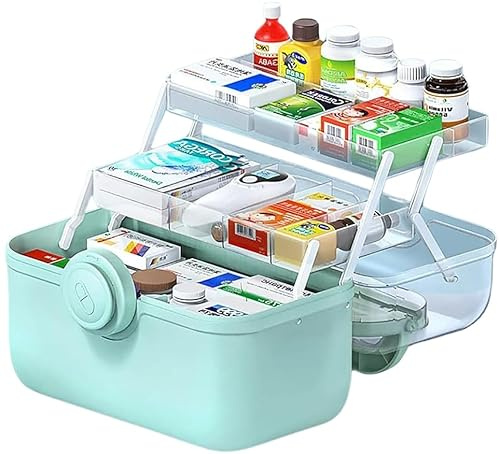 ZAXER - Dreischichtiges Medikamentenbehältnis - Tragbares Medikamentenbehältnis - Erste-Hilfe-Set - Hausapotheke - Großer Organizer - Medikamentenbehälter - Mit Tragegriff - grün - 28 x 20 x 16 cm