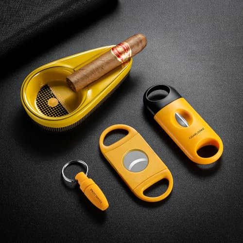 CIGARLOONG Cigar Ashtray and Cigar Cutter Set,Portable Ceramic Ashtray with Cigar Guillotine,Cigar V-Cutter and Cigar Punch,Cigar Accessories Set,Gift for Men (Yellow)