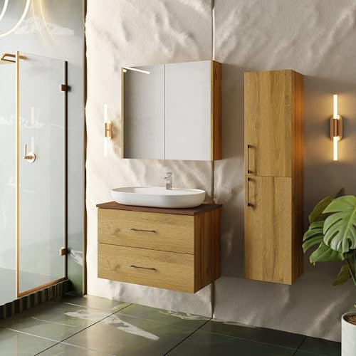 Badezimmermöbel Set Verona 80 Konsole Walnuss | Keramikwaschbecken | Unterschrank | Spiegelschrank | Konsole | Waschbecken mit Unterschrank 80 cm | Softclose | Aufsatzwaschbecken | Konsolenwaschtisch